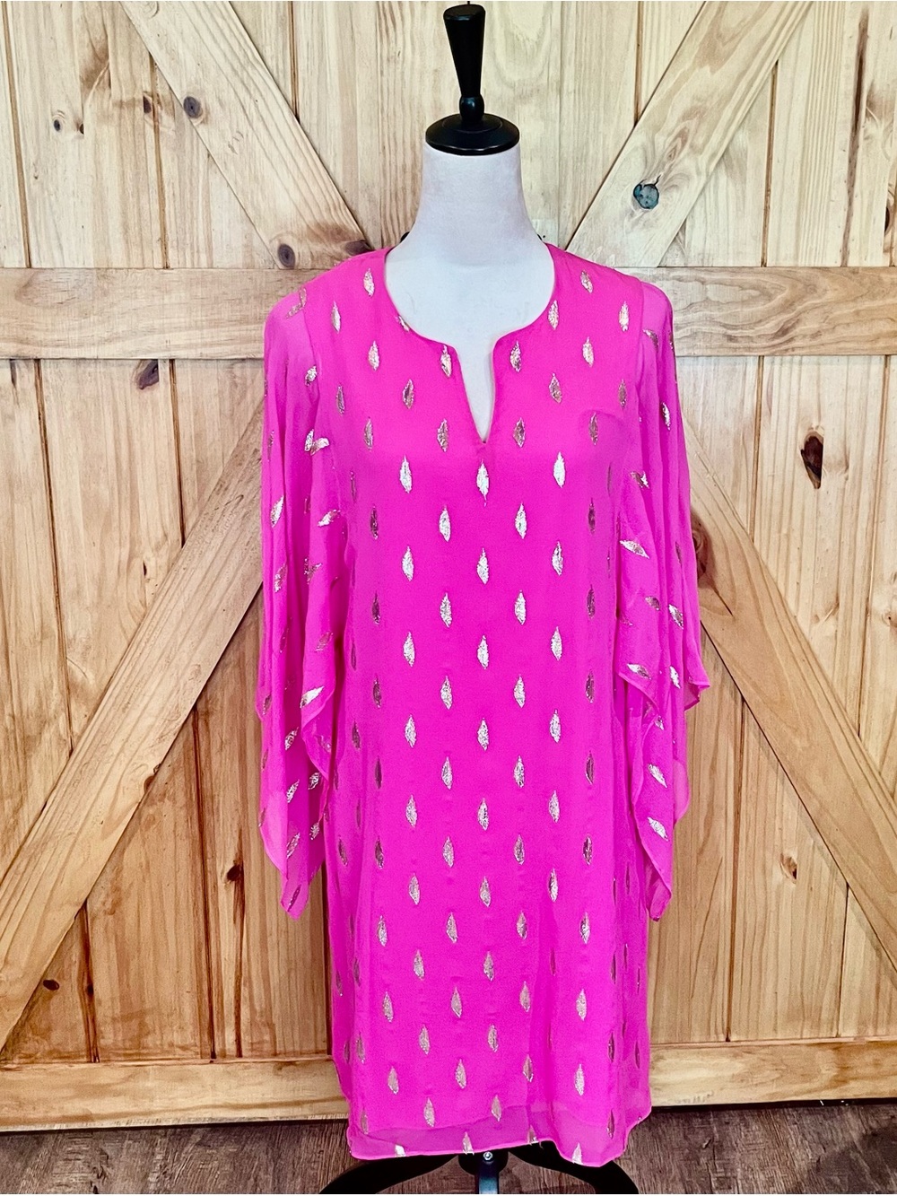 Lilly Pulitzer Hot Pink Tunic Dress with Metallic Gold Leaf Print NWT